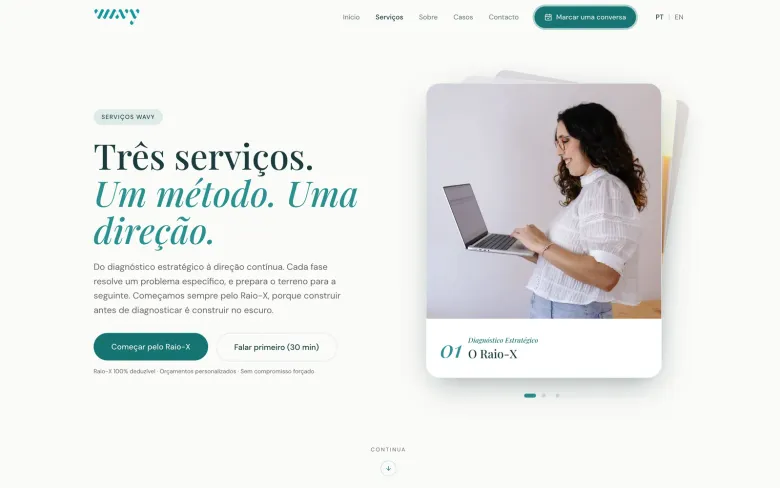 Página de serviços, com o método em três fases